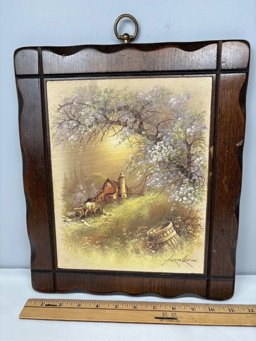 Rustic Wooden Wall Art Scenic Farmhouse Painting Gold-Tone 14x11